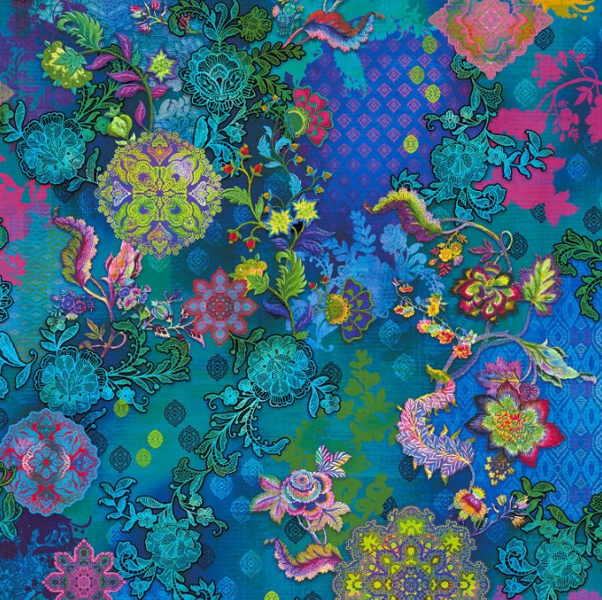 Flourish - Treasured Trinkets - Deep Turquoise Fabric - Digital Print - Cotton Fabric