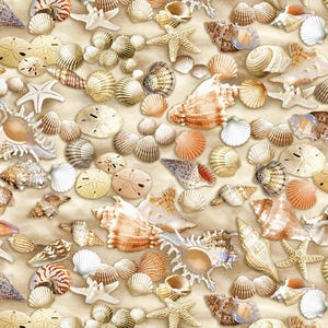 Water&#39;s Edge - Beachcomber Shells Fabric by Timeless Treasures - Digital Print - Cotton Fabric