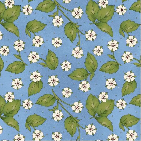 Maywood Studio - From the Farm - Strawberry Blossoms Blue Fabric by Kris Lammers - Cotton Fabric