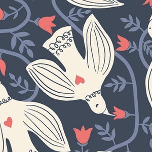 May include: A seamless pattern featuring white birds with red hearts on a dark blue background. The birds are stylized and have a simple, whimsical design. The pattern also includes stylized red flowers and leaves.