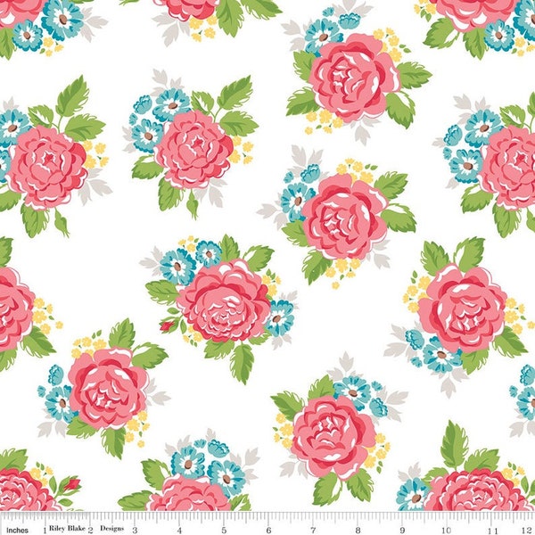 Riley Blake - Hello Lovely - Tissu principal floral blanc Amanda Herring - Tissu en coton