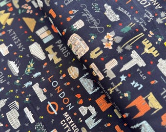 Bon Voyage - World Traveler - Granatowa tkanina od Rifle Paper Co. - Tkanina bawełniana