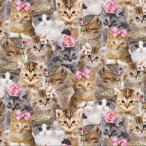 May include: A repeating pattern of adorable kittens with various accessories. Some kittens wear gold crowns, others have pink bows, and some sport pink roses. The kittens have a variety of fur colors, including orange, gray, and brown.