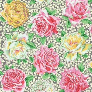 May include: A floral pattern fabric featuring large, detailed roses in shades of vibrant yellow, soft pink, and deep magenta, accented with green leaves. The background consists of a dense, repeating print of small, pale yellow four-petaled flowers.