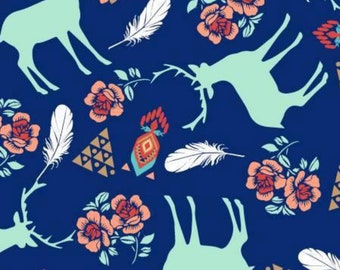 May include: A seamless pattern featuring teal deer silhouettes, red and coral roses, white feathers, and geometric shapes on a dark blue background.