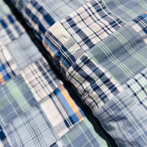Nantucket Patchwork Blue Fabric – Madras Plaid Yarn Dyed Cotton – Pre-sewn Patchwork – Summer Quilting & Apparel Fabric