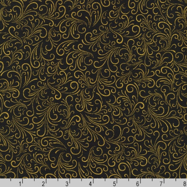 Robert Kaufman - Joli Bijou - Swirls Black Gold Fabric - Metallic Cotton Fabric