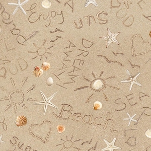 May include: A beige background with various words and images drawn in the sand. The words include "Sea", "Sun", "Dream", "Love", "Life is Good", "Beach", "Sunny Days", and "Enjoy". The images include starfish, seashells, and suns.