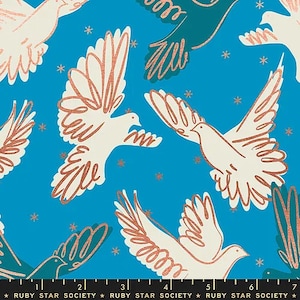 May include: A teal blue background with a repeating pattern of white doves with rose gold outlines. The doves are flying in different directions and are surrounded by small white stars.