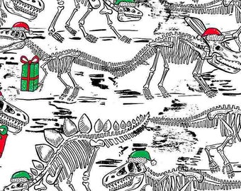 Tesoros atemporales - Tree-Rex - Holiday Skeleton Dinos - Impresión digital - Tela de algodón