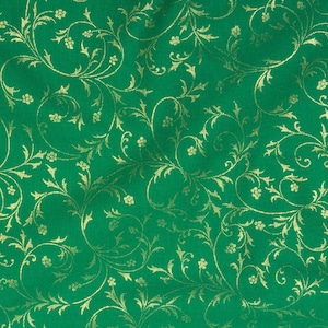 May include: Green fabric with a gold floral pattern. The fabric has a subtle sheen and a soft texture.