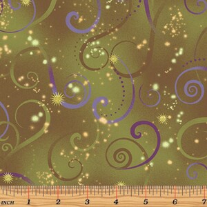 Dance of the Dragonfly - Swirling Sky Olive - Metallic Cotton Fabric
