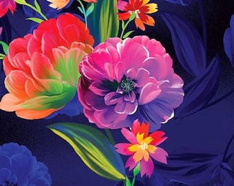Tkanina bawełniana Luminous Blooms: granatowy kwiatowy nadruk od Kanvas Studio