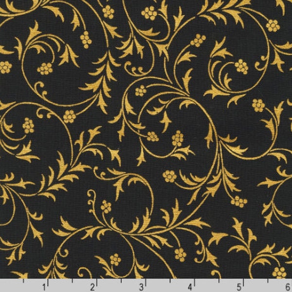 Robert Kaufman - Holiday Flourish-Snow flower - Swirls Black Gold Fabric - Metallic Cotton Fabric