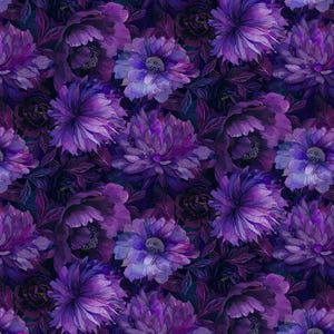 May include: A seamless pattern of watercolor flowers in shades of purple and violet. The design features large, fully bloomed peonies and smaller, darker buds, set against a deep indigo background. The floral arrangement creates a rich, textured look.