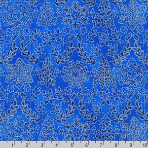 Robert Kaufman - Holiday Flourish-Snow flower - Winter Foliage Blue Silver Fabric - Metallic Cotton Fabric