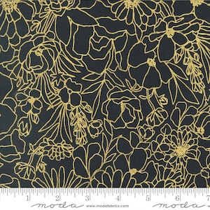 Gilded - Doodle Garden Florals Ink Gold Metallic Fabric by Alli K Design - Metallic Cotton Fabric