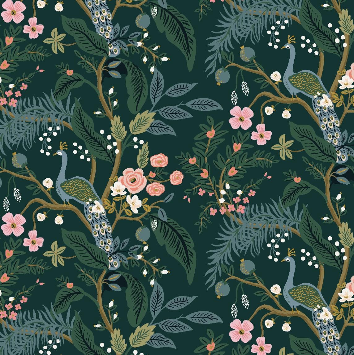 Vintage Garden - Peacock - Hunter Metallic Fabric by Rifle Paper Co. - Metallic Cotton Fabric