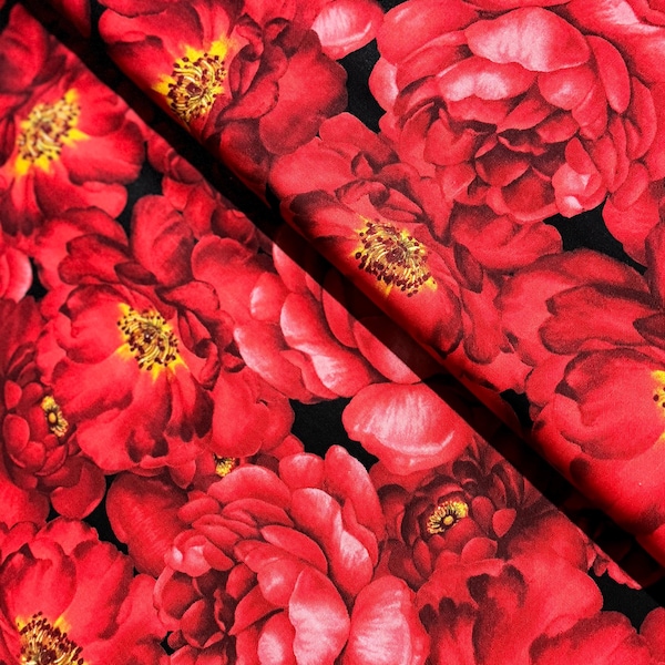 Garden Rose - Packed Large Red Roses on Black - Cotton Fabric