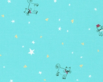 Robert Kaufman - Fancypants - Kitties Stars Aqua Fabric by World Art Group - Cotton Fabric