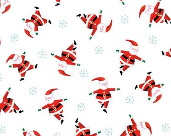 May include: A seamless pattern featuring a white background with multiple red and white Santa Claus figures in various poses. The figures are wearing red suits with white trim, black belts, and white fur trim. The background is decorated with small blue snowflakes.