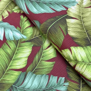 Island Paradise Rindenstoff: Tropische Blätter auf Rostrot - Sevenberry Baumwollflachs