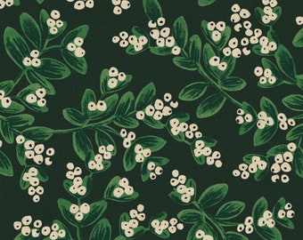 May include: A dark green pattern featuring a repeating design of green leaves and white berries. The leaves are oval and arranged along curved stems. The berries are clustered in small groups.