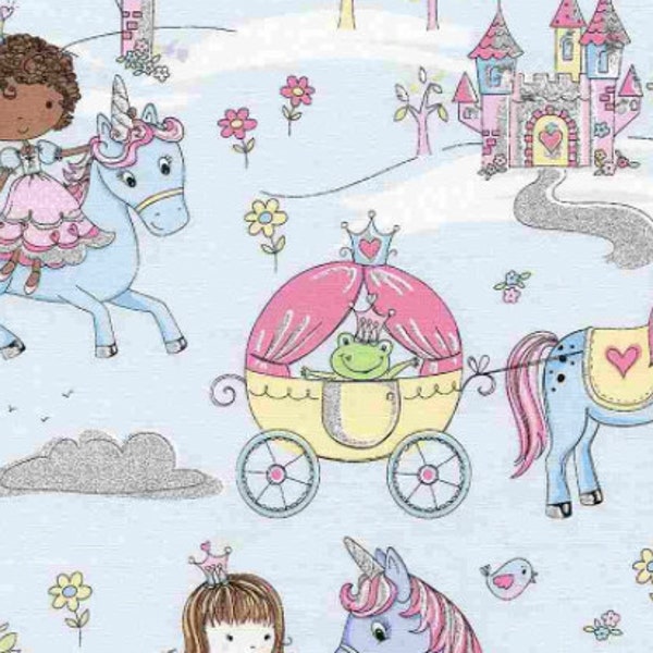 Timeless Treasures - Sparkle and Shine - Princesses and Unicorns with Glitter - Cotton Fabric with Glitter