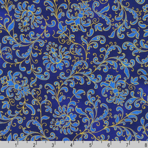 Robert Kaufman - Joli Bijou - Swirls Cobalt Gold - Metallic Cotton Fabric