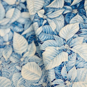 Holiday Flourish-Snow flower - Poinsettias Blue Silver Fabric - Metallic Cotton Fabric