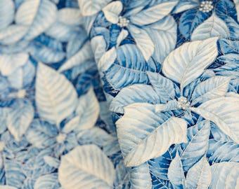 Holiday Flourish-Snow flower - Poinsettias Blue Silver Fabric - Metallic Cotton Fabric