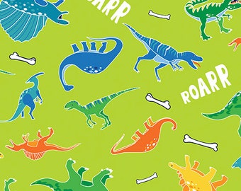 Świecący w ciemności - Glow-O-Saurus - Dino Friends Lime Fabric od Kanvas Studio - Tkanina bawełniana