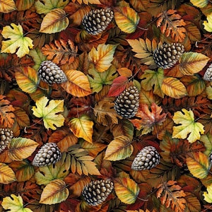 Cabine aan het meer - herfstverpakte herfstbladeren van George McCartney - katoenstof