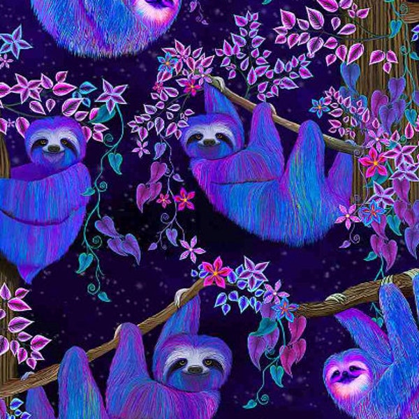 Timeless Treasures - Prismatic - Moonlit Glow Sloths Fabric by Nick Gustafson - Digital Print - Cotton Fabric