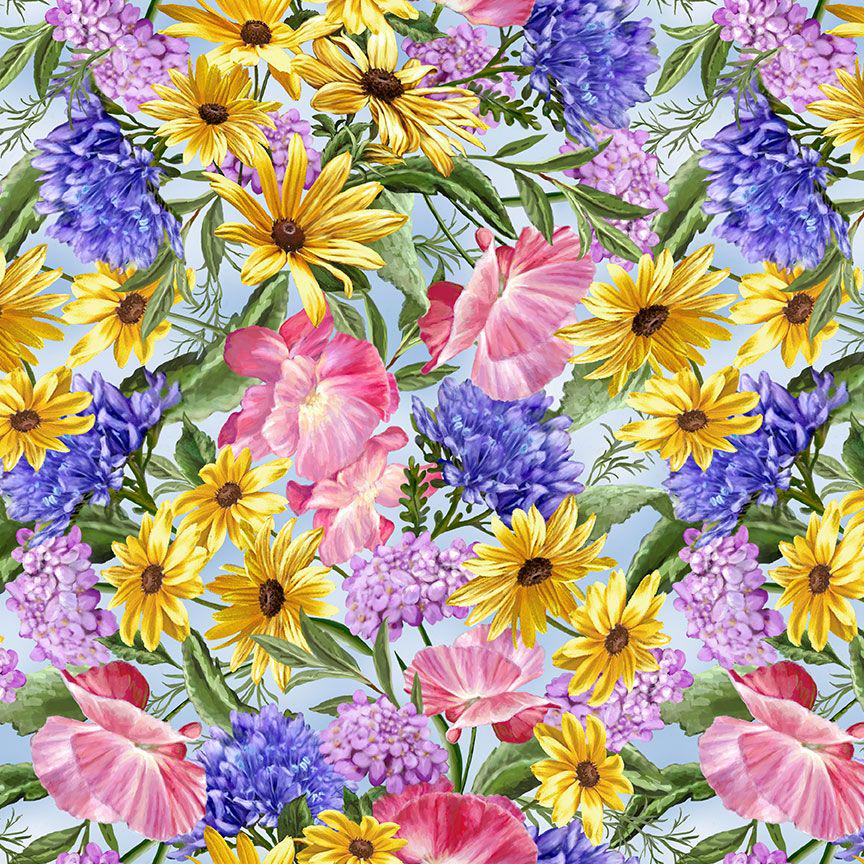 Faith Spring Floral Fabric Blue Yellow Flowers Cotton Timeless ...