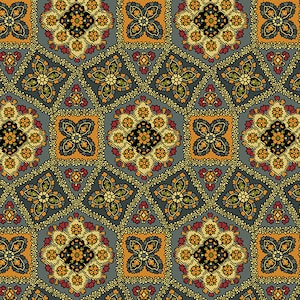 May include: A seamless pattern with a repeating geometric design. The pattern features a variety of colours, including orange, yellow, green, red, and black. The pattern is set against a grey background.