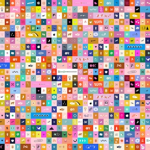 May include: A colorful, patterned design featuring a grid of small squares, each with a unique illustration. The squares display various icons, including animals, plants, and abstract shapes, in a vibrant palette of pinks, blues, yellows, and greens.