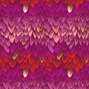 May include: A repeating pattern of overlapping petal-like shapes in shades of magenta, deep purple, bright red, and pale pink. Each individual shape features fine, dark etched lines that create a textured appearance across the entire surface.