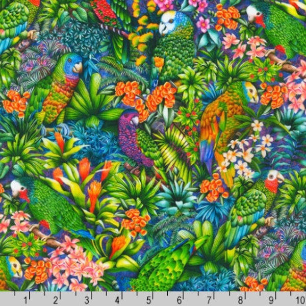 Robert Kaufman - Tropical Canyon - Birds Bright Foliage Jungle Fabric by Carolyn Steele - Cotton Fabric