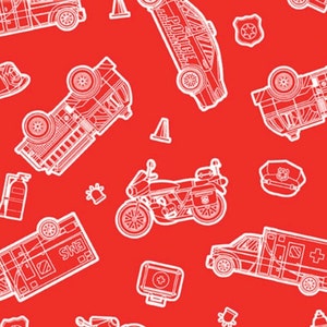 Glow in the Dark - Save the Day - Glowing Rescue Vehicles on Red Fabric by Kanvas Studio - Cotton Fabric