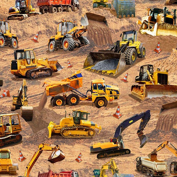Construction Trucks Fabric – Keep on Truckin’ by Timeless Treasures | Bulldozers, Excavators, Dump Trucks