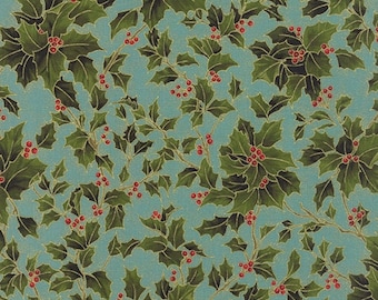 Tela metálica Holly Night Frost Aqua de Moda Fabrics - Tela de algodón