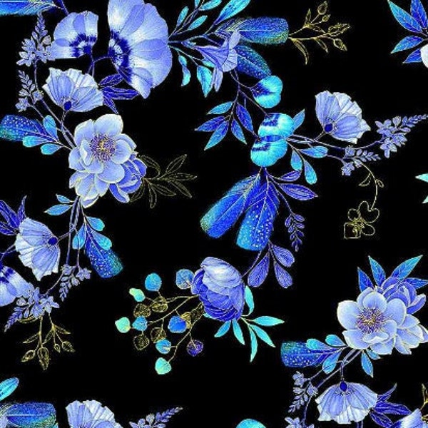 Timeless Treasures - Royal Plume - Spaced Floral With Feathers Metallic - Cotton Fabric