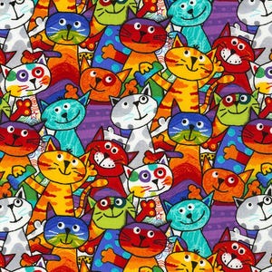 Könnte beinhalten: Ein lebendiges Stoffmuster mit einer Vielzahl von Cartoon-Katzen in verschiedenen Farben. Die Katzen haben lächelnde Gesichter und sind in Rot-, Orange-, Gelb-, Blau-, Grün- und Lilatönen dargestellt. Der Hintergrund ist eine Mischung aus Farben.