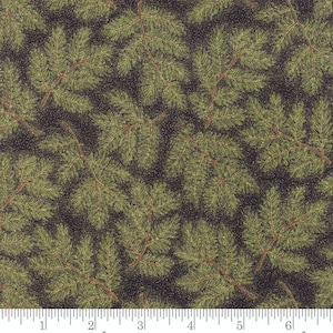May include: A black fabric with a repeating pattern of green pine branches. The fabric has a subtle sparkle.