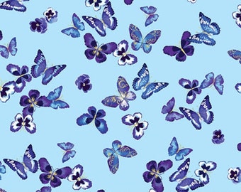 Tessuto di cotone con farfalle gioiello: turchese, farfalla metallizzata oro e viola del pensiero