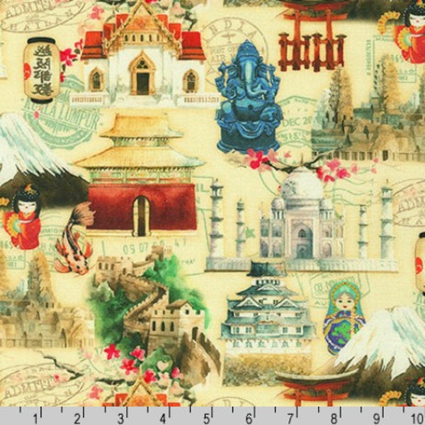 Robert Kaufman - Wonders Of Asia - Landmarks Yellow Fabric by Kate Ward Thacker - Cotton Fabric