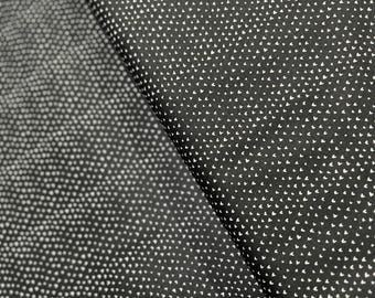 May include: Two black fabric swatches with a white polka dot pattern. One swatch has a smaller polka dot pattern than the other.