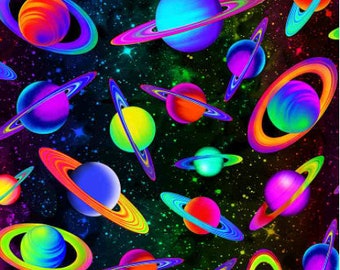 Tela de algodón con diseño de espacio brillante de neón cósmico