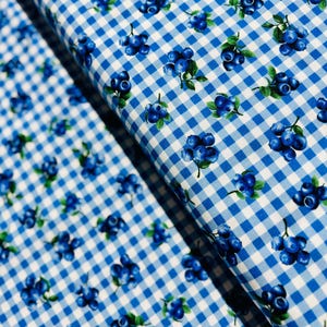Blueberries Gingham Cotton Fabric: Summer Picnic Print